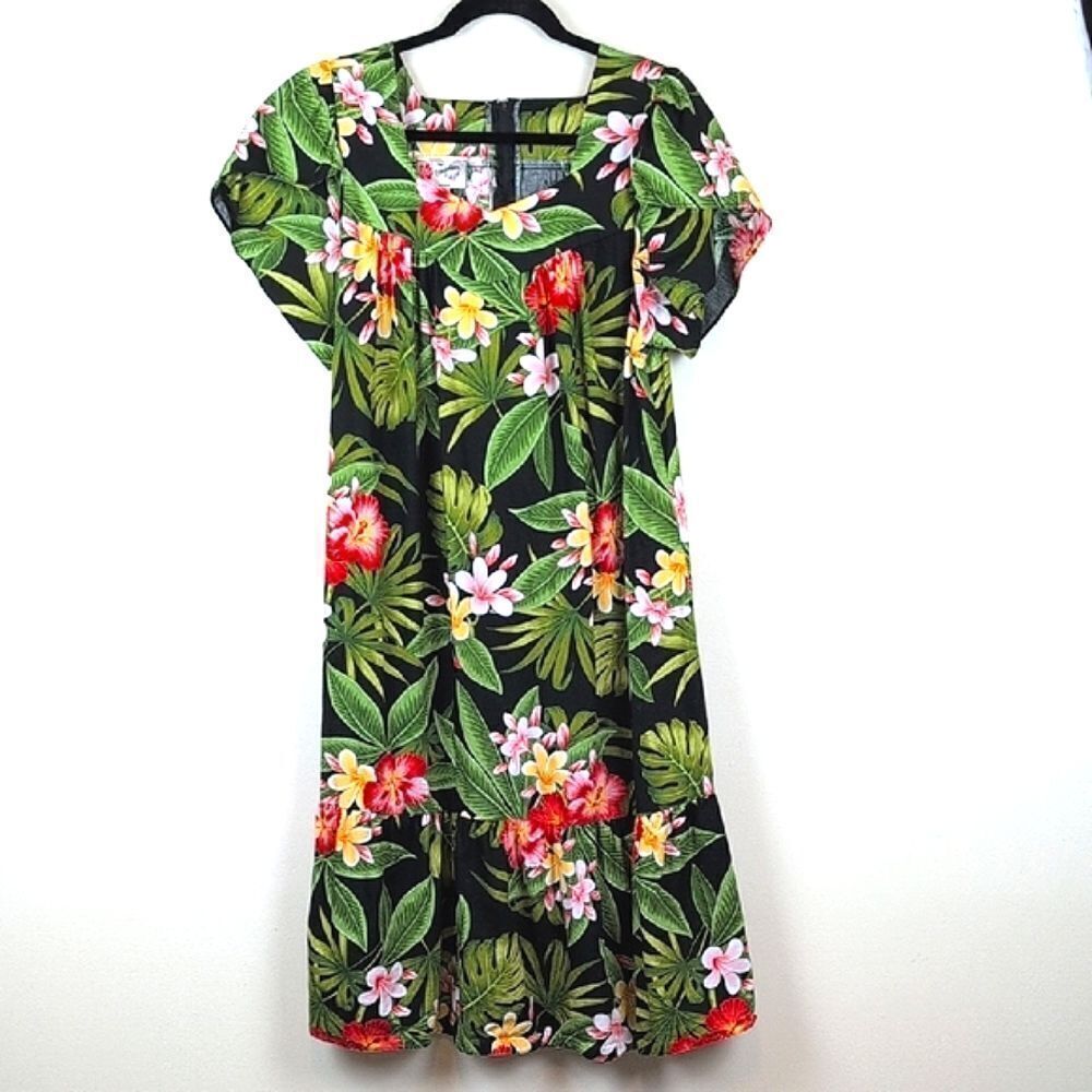 Hilo Hattie The Hawaiian Original Tropical Floral Tulip Sleeve Dress Size L